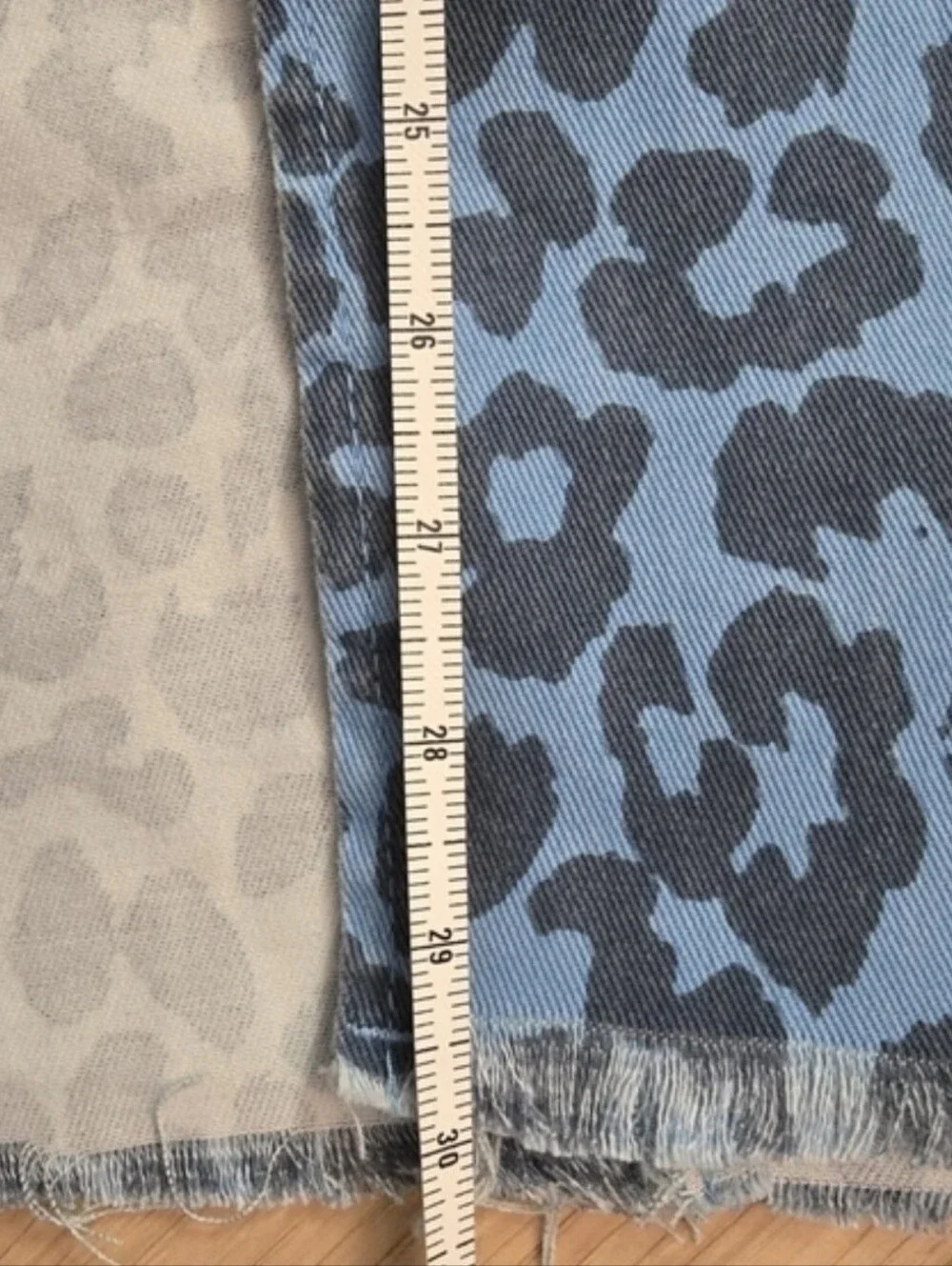 Sky Blue Leopard Print Denim Midi Skirt Side Slit Raw Hem Size M